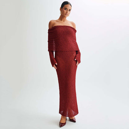 Ladies elegant maxi dress with off-the-shoulder top and fine knit pattern Ivyshape