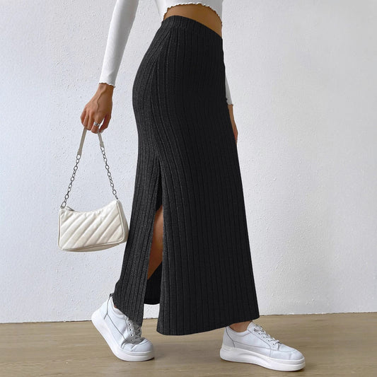 Women's Long Ribbed Knit Skirt with Side Split and Elastic Waistband Ivyshape