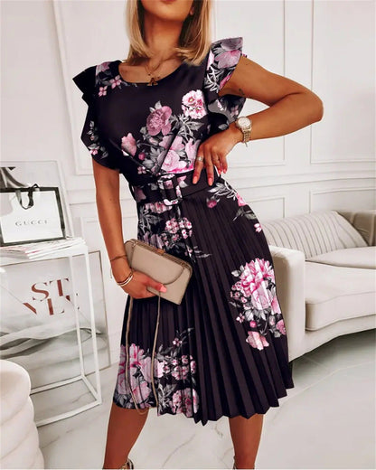 Ladies Midi Dress with Voluminous Sleeves and Chic Waist Definition Ivyshape