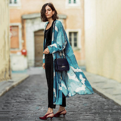 Ladies elegant kimono with artistic bird motif and flowing cut Ivyshape