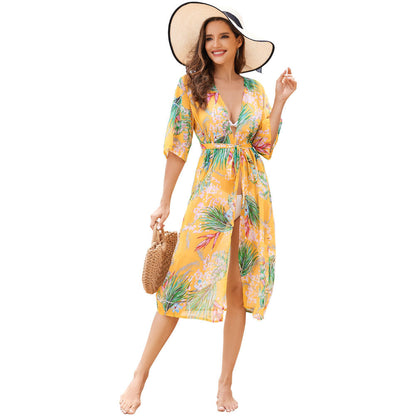 Ladies elegant beach kimono with floral design and adjustable belt Ivyshape