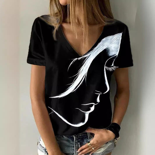Women Artificial V-Neck Graphic T-Shirt Ivyshape