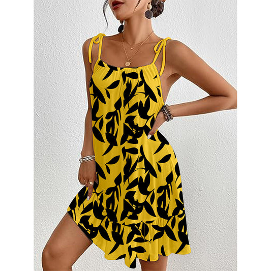 Women's summer dress with adjustable spaghetti straps and fresh leaf pattern Ivyshape