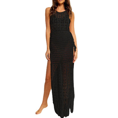 Women's Crochet Beach Dress with Fringed Hem and Side Slit Ivyshape