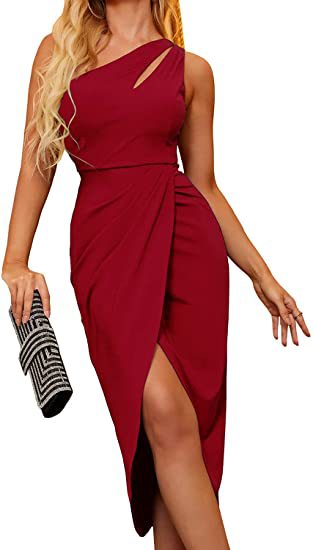 Women's off-the-shoulder party dress with asymmetrical cut and draping Ivyshape