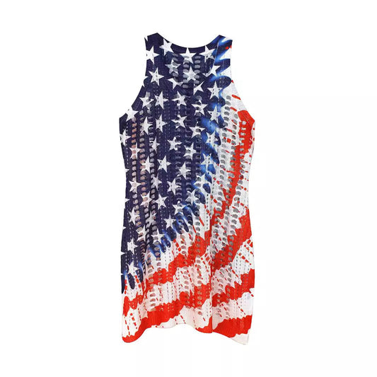 Women's Crochet Beach Dress with American Motif and Side Slit Ivyshape