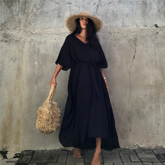 Ladies maxi dress with elegant V-neck silhouette and adjustable belt Ivyshape