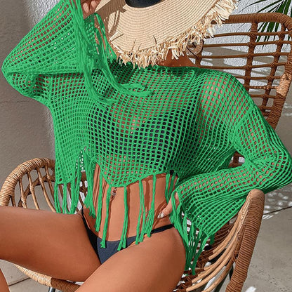 Women's crochet beach sweater with fringes and airy transparency Ivyshape