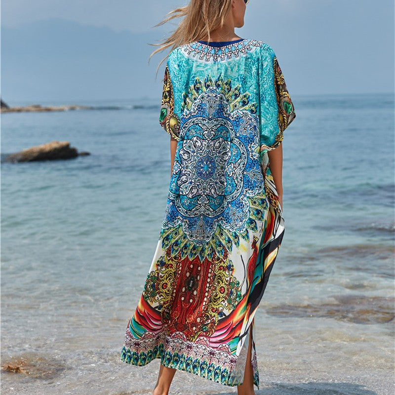 Ladies airy beach kaftan with intricate mandala pattern and wide sleeves Ivyshape