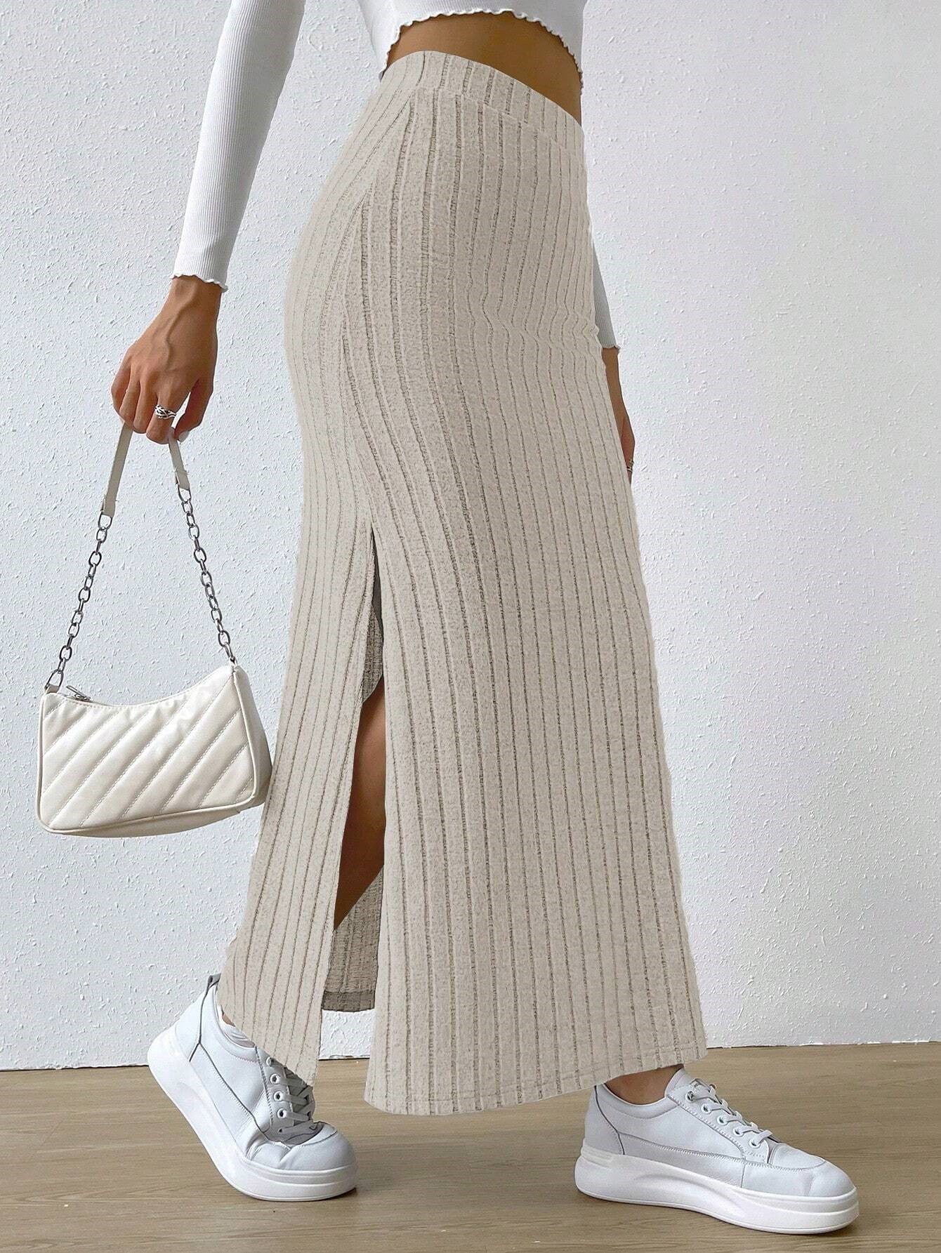 Women's Long Ribbed Knit Skirt with Side Split and Elastic Waistband Ivyshape