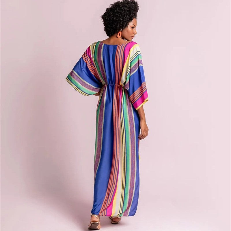 Women's Maxi Kaftan with festive striped pattern and side slit Ivyshape