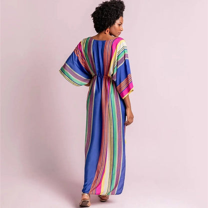 Women's Maxi Kaftan with festive striped pattern and side slit Ivyshape