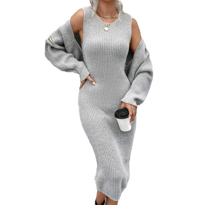 Ladies knitted dress with open shoulder design and loose fit Ivyshape