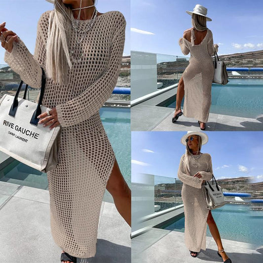 Women's crochet beach dress with deep slit and long cut Ivyshape