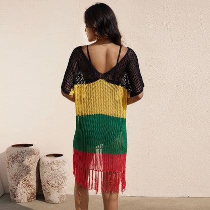 Ladies airy crochet beach cover-up with creative fringes Ivyshape