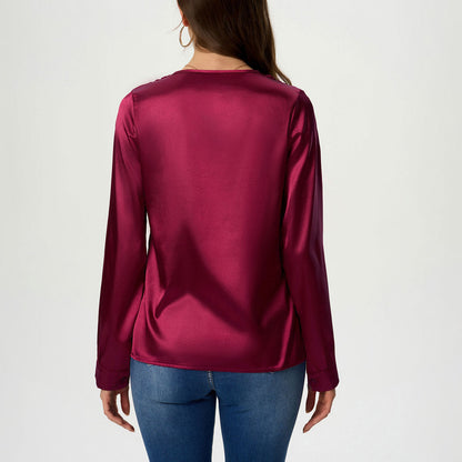 Ladies elegant V-neck satin top with long sleeves Ivyshape