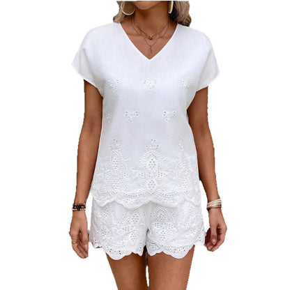 Ladies V-neck blouse set with elegant eyelet embroidery Ivyshape