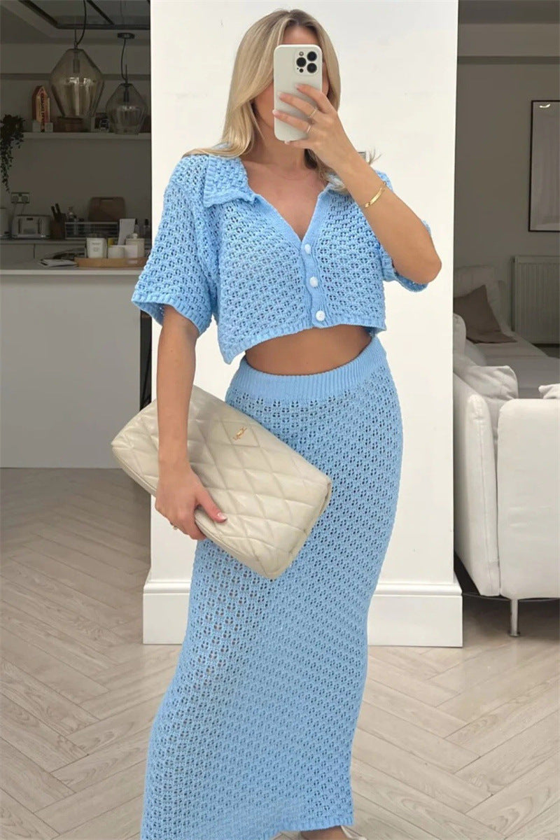 Women's crocheted beach look with crop top and maxi skirt Ivyshape