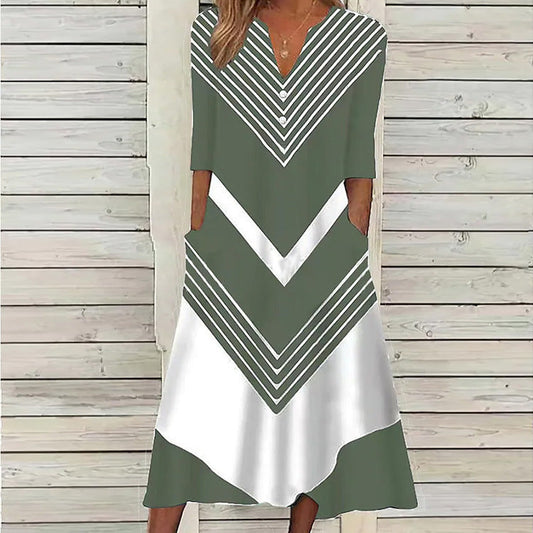Women's trendy dress with V-neckline and striped pattern Ivyshape