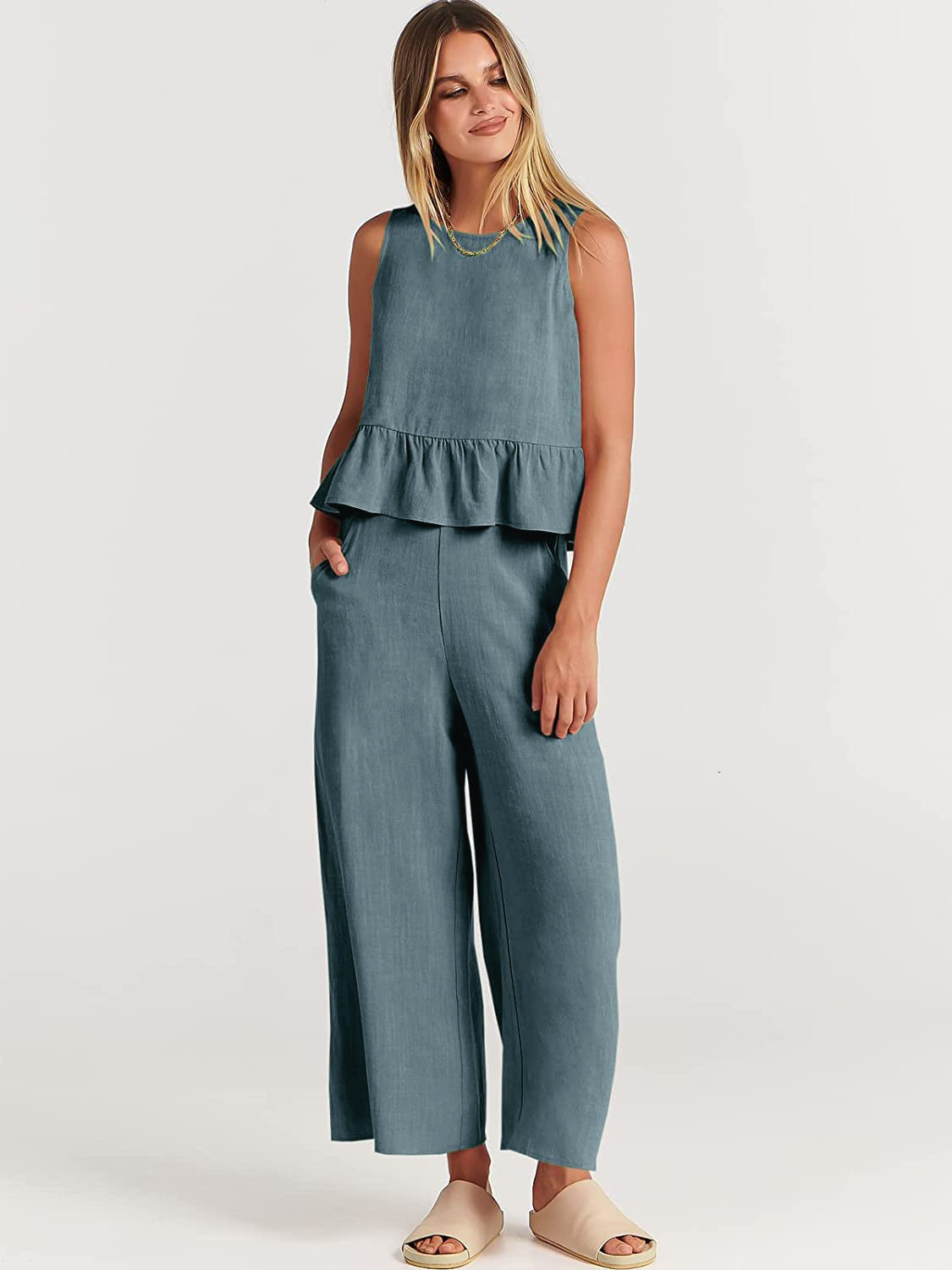 Women's casual jumper with voluminous ruffle hem and wide leg Ivyshape