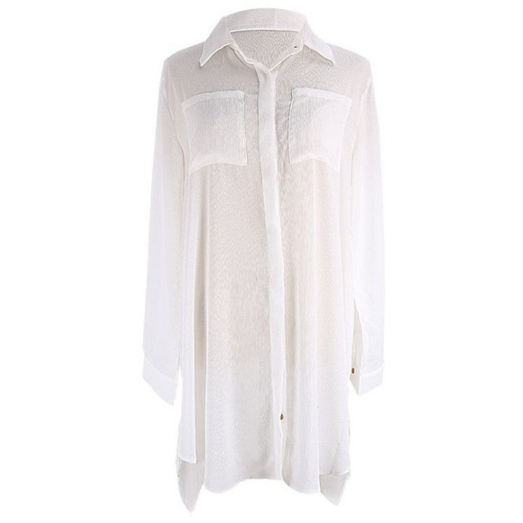 Women casual beach shirt with long sleeves and button details Ivyshape