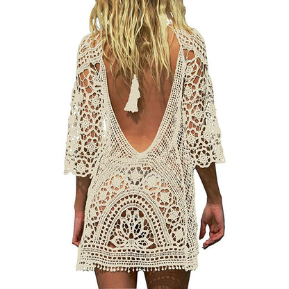Ladies' crochet beach robe with deep V-neck and ornate fringes Ivyshape