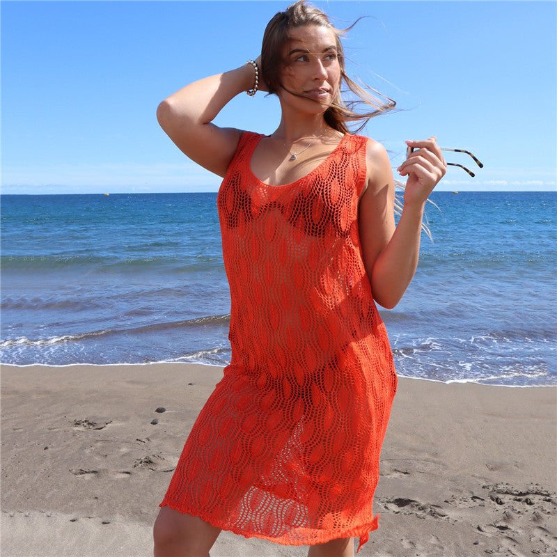 Women's airy crochet beach cover-up with deep V-neck and side slit Ivyshape