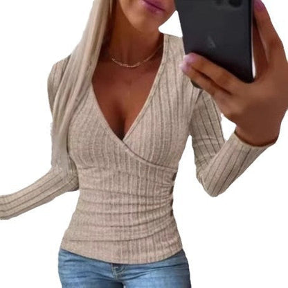 Women's Ribbed Knit Deep V-Neck Long Sleeve Top Ivyshape