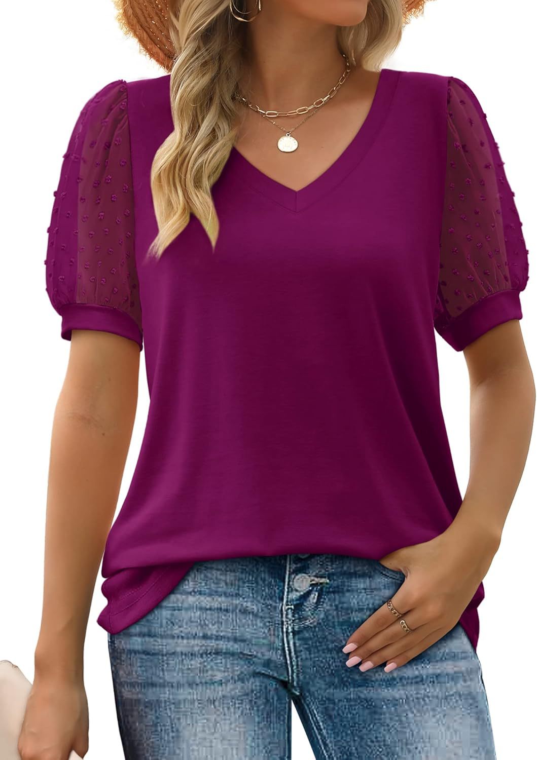 Women Elegant V-Neck Top with Transparent Puff Sleeves Ivyshape