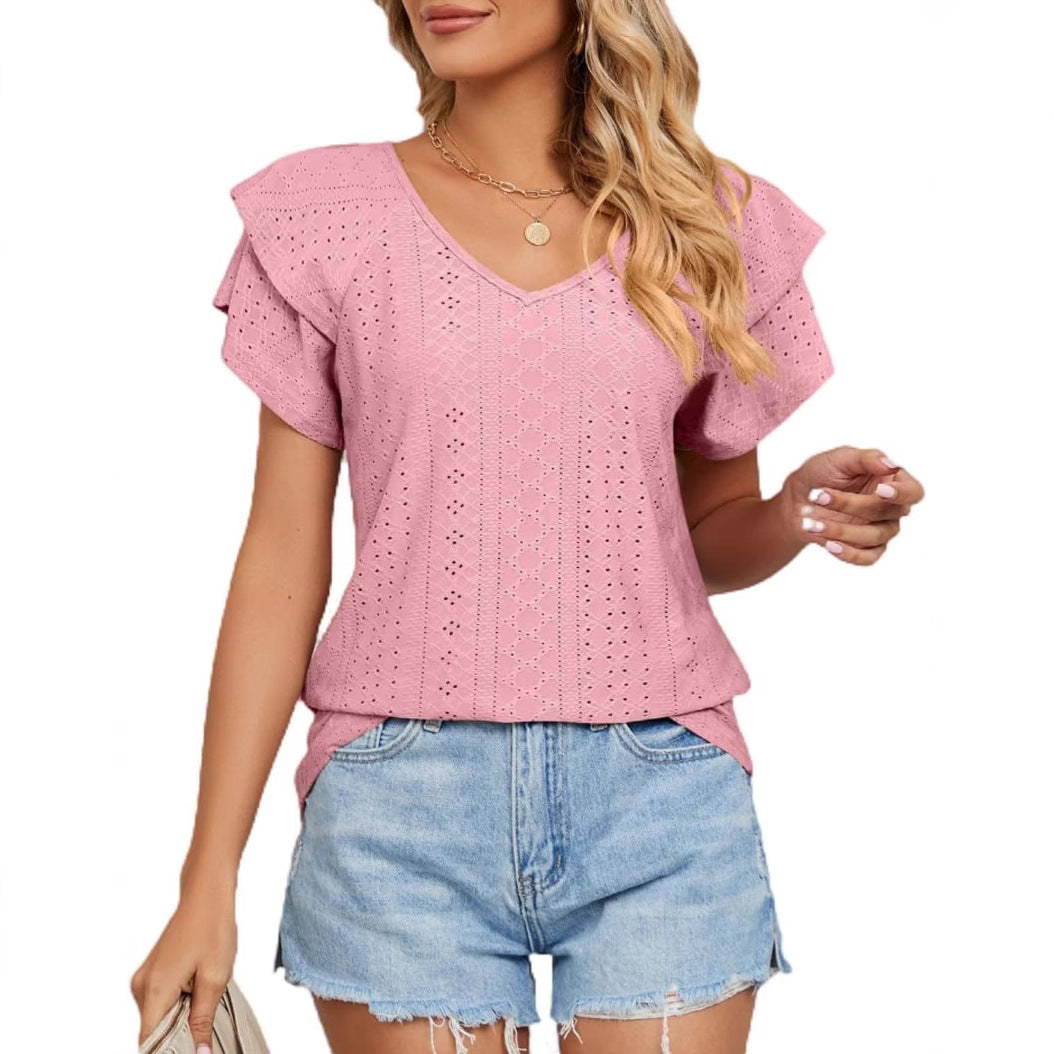 Women Broderie Anglaise V-Neck Top Ivyshape