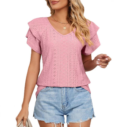 Women Broderie Anglaise V-Neck Top Ivyshape