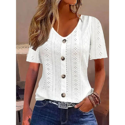 Ladies short sleeve blouse with decorative buttons and lace pattern Ivyshape