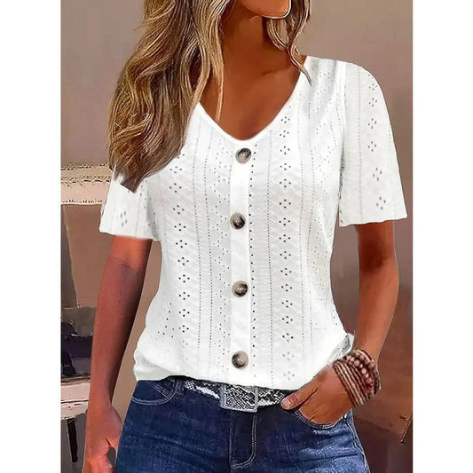 Ladies short sleeve blouse with decorative buttons and lace pattern Ivyshape