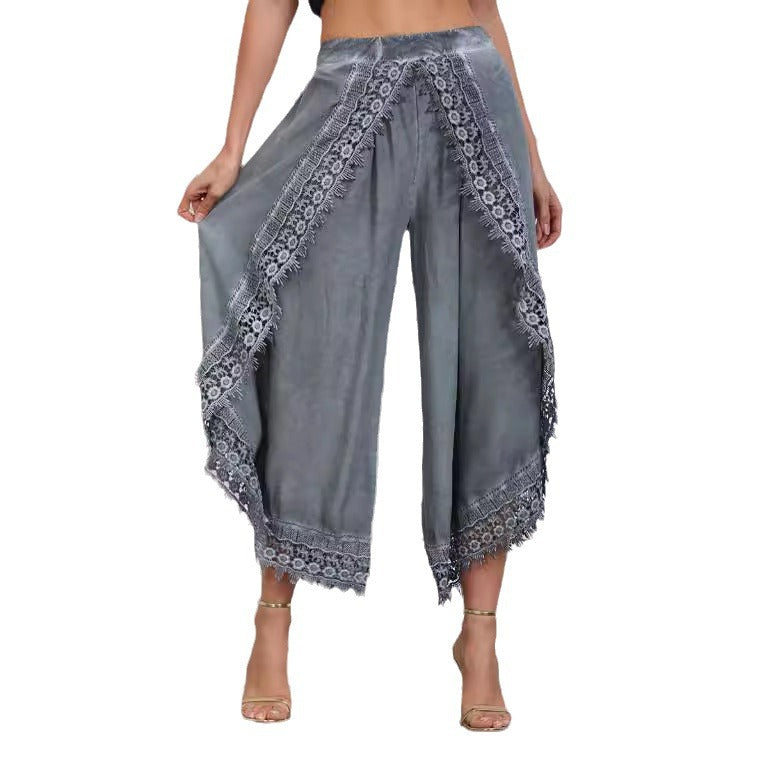 Ladies Elegant Lace Trim Wide Pants Ivyshape