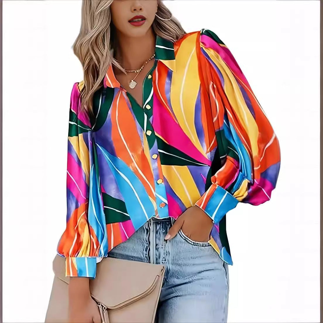 Ladies' Fashion Blouse with Colorful Stripe Pattern and Elegant Puff Sleeves Ivyshape