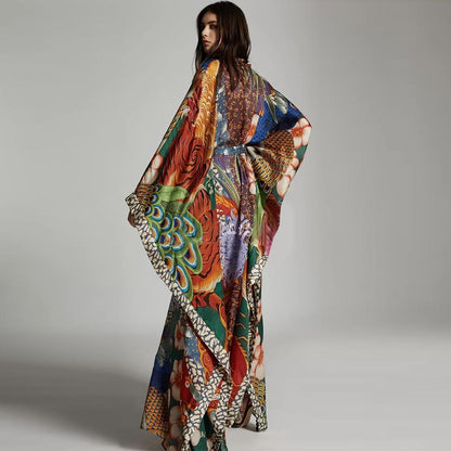 Ladies elegant kimono-style beach cover-up with intricate pattern and deep V-neck Ivyshape