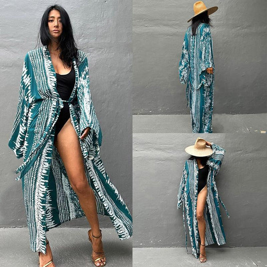 Women's Beach Kimono with Artistic Ikat Pattern and Side Slit Ivyshape