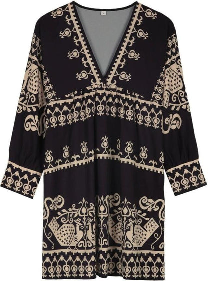 Women's casual dress with V-neck and rich pattern Ivyshape
