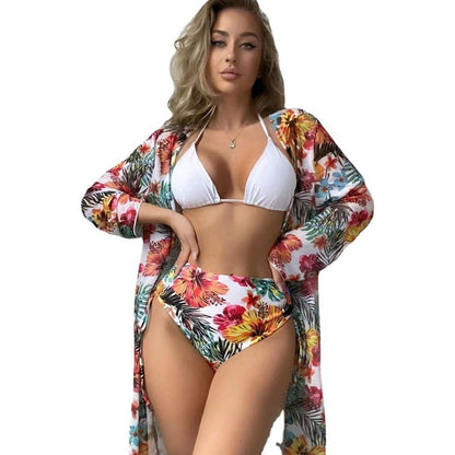 Ladies triangle bikini set with floral kaftan and high leg cut Ivyshape