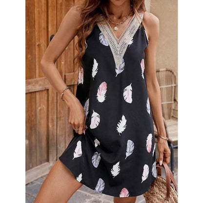 Ladies summer dress with V-neck and delicate crochet trim Ivyshape