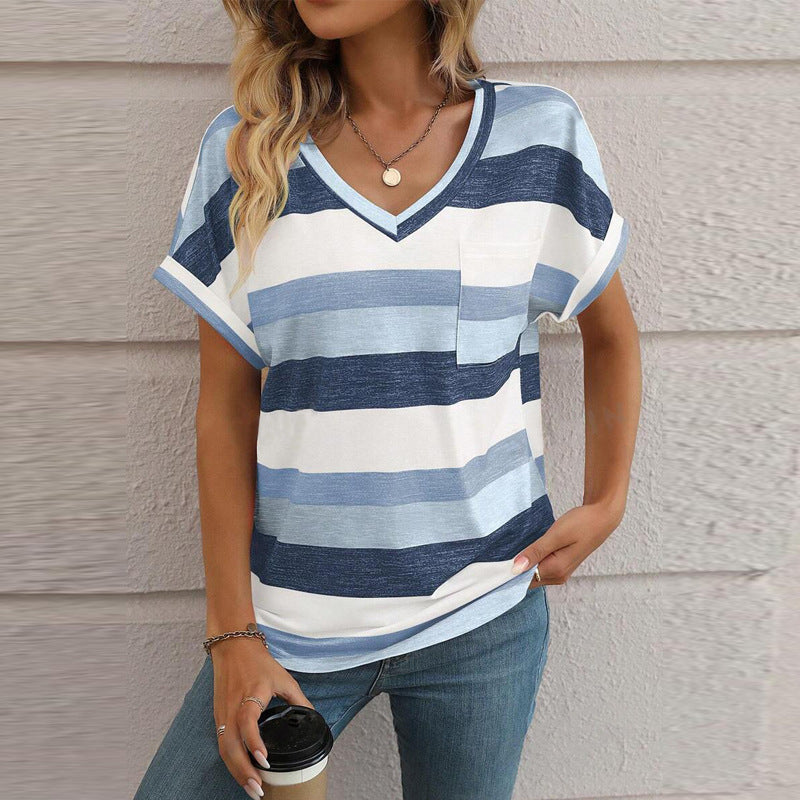 Ladies V-neck short sleeve shirt with striped pattern Ivyshape
