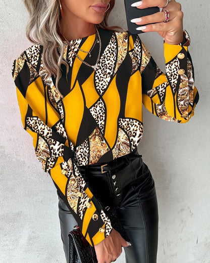 Ladies Fashionable Blouse with Unique Pattern and Golden Buttons Ivyshape