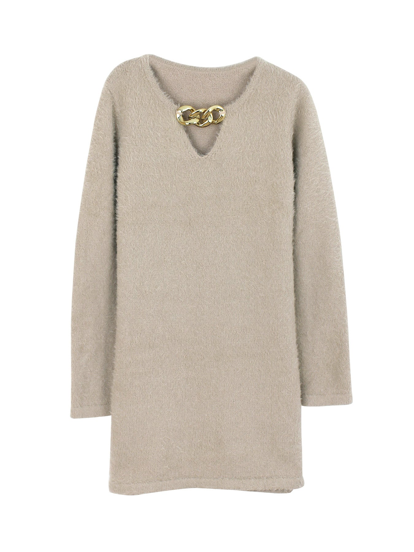 Women's fitted knitted dress with V-neck and gold chain decoration Ivyshape