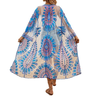 Women's transparent beach kimono with colorful folklore patterns and wide sleeves Ivyshape