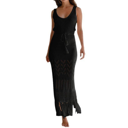 Ladies Longer Crochet Skirt with Fringed Hem and Adjustable Belt Ivyshape
