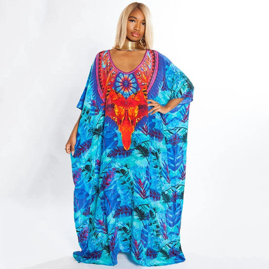 Women's Maxi Kaftan with Colorful Animal Motif and Wide Cut Sleeves Ivyshape
