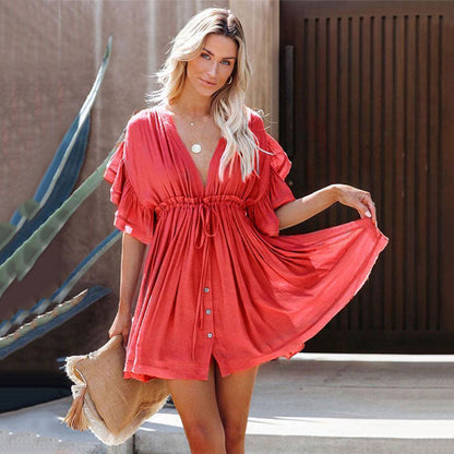 Women's Short Sleeve Beach Dress with Deep V-Neck and Button Details Ivyshape