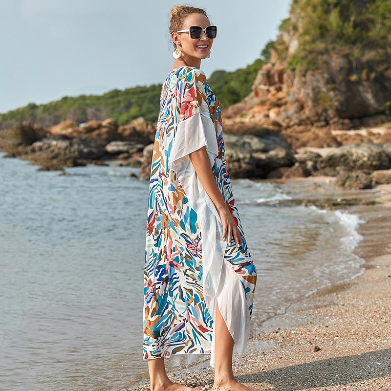 Ladies elegant beach robe with modern floral pattern Ivyshape