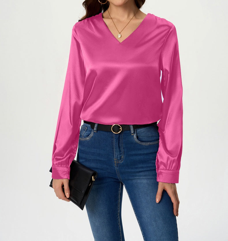 Ladies elegant V-neck satin top with long sleeves Ivyshape