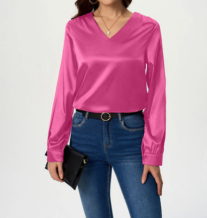 Ladies elegant V-neck satin top with long sleeves Ivyshape
